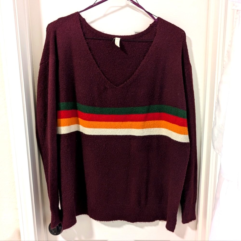 3/$10 Wishlist Maroon V-Neck Sweater with Stripes